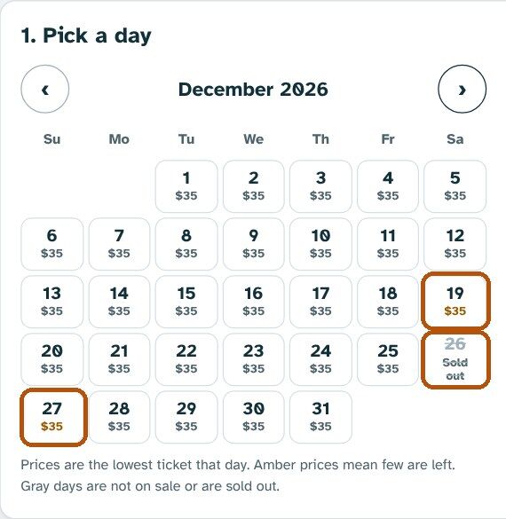 The December calendar with the 26th struck through as sold out, and amber prices on the 19th and 27th.