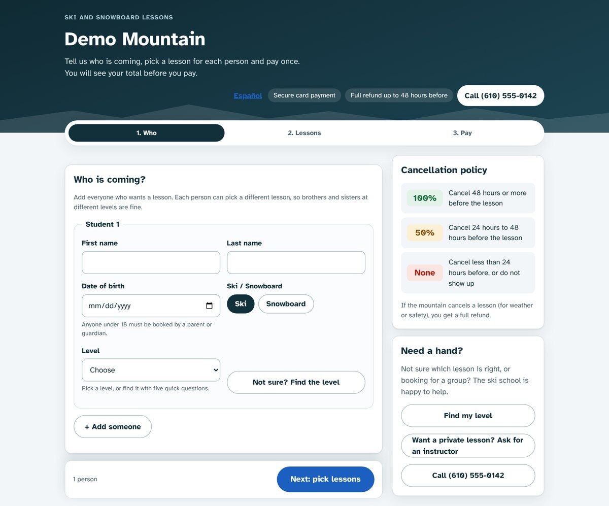 The ski school booking page: who is coming, with the cancellation policy beside the form.